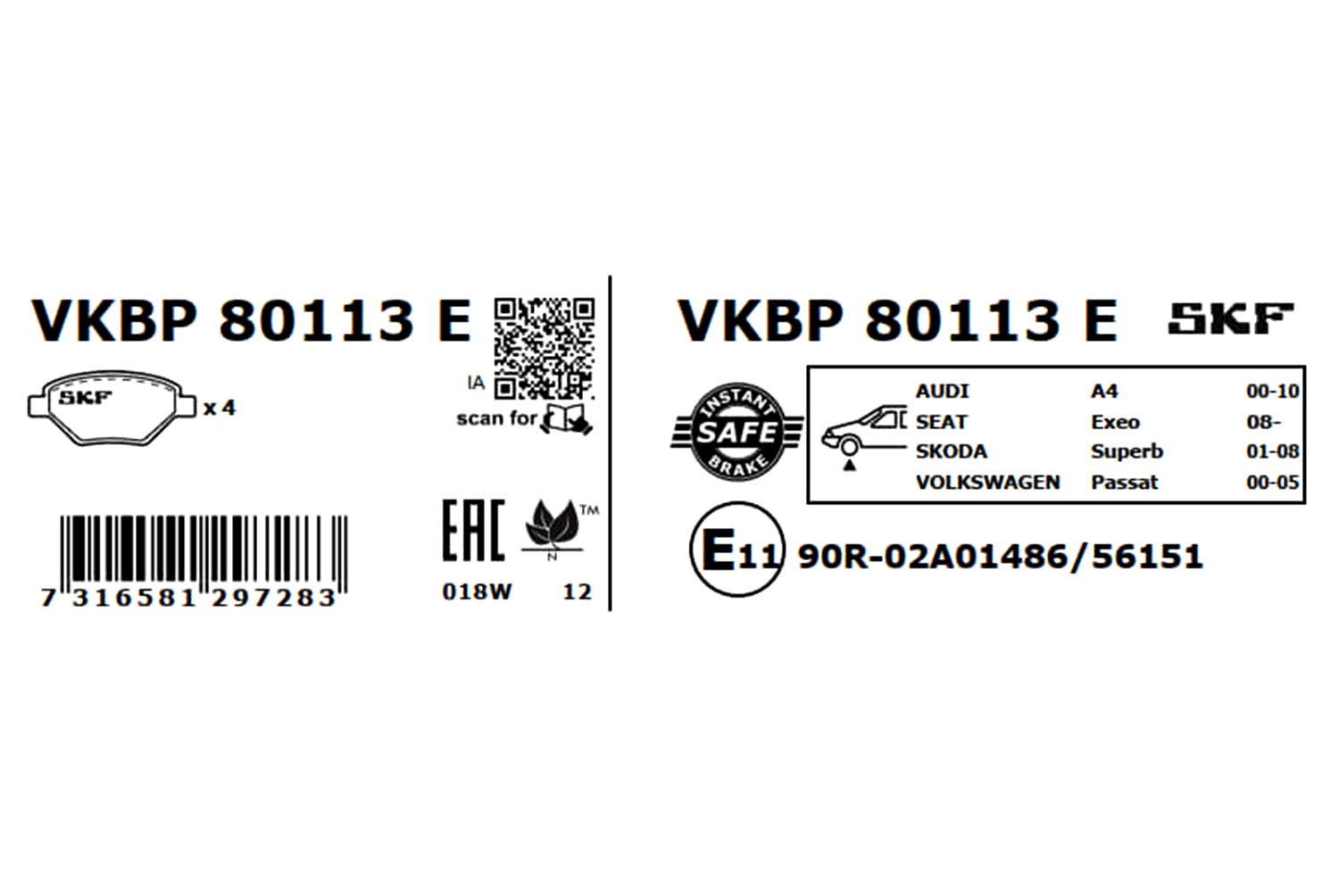 Комплект тормозных колодок, дисковый тормоз - VKBP 80113 E SKF